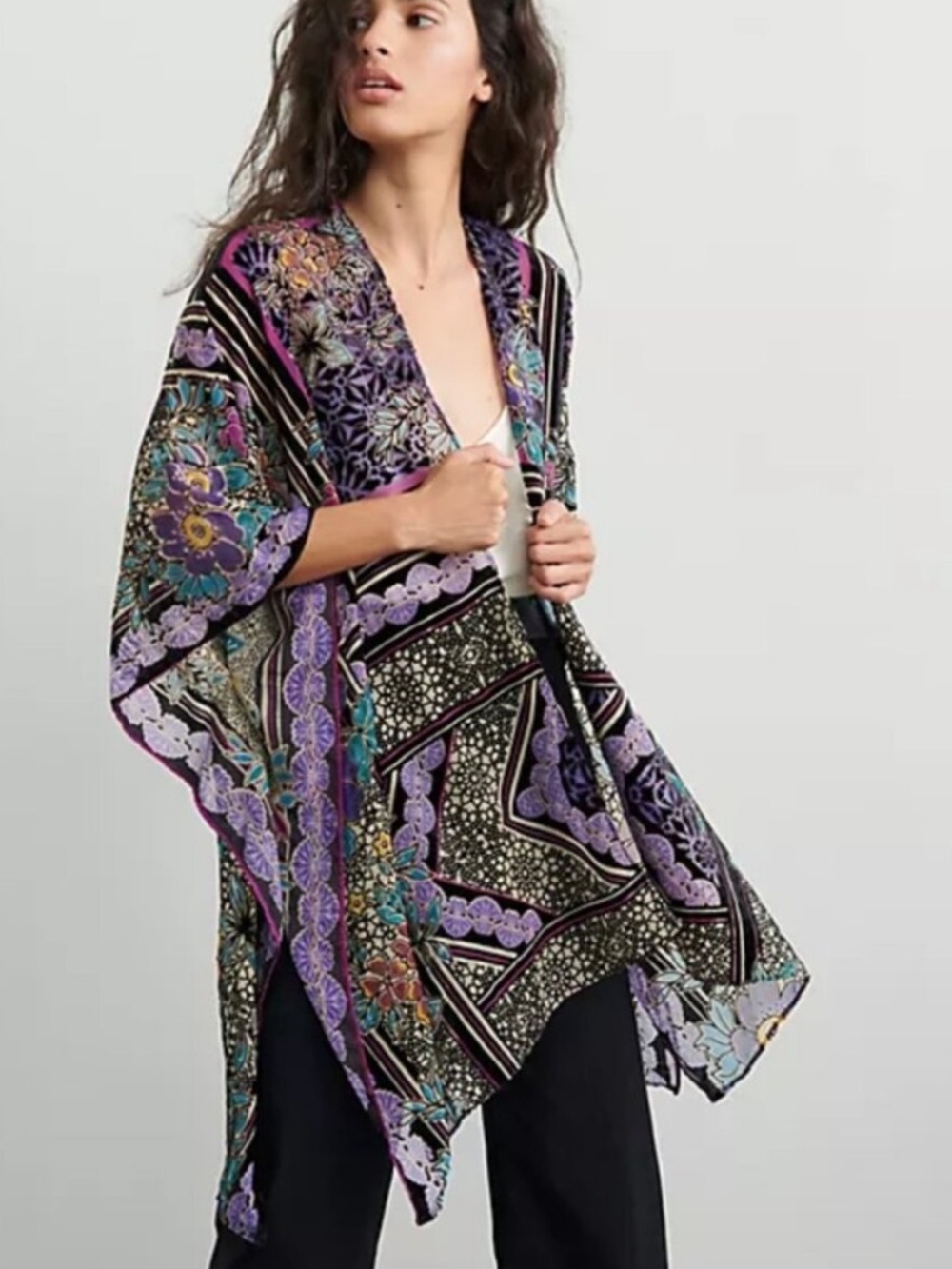 Anthropologie Floral Patchwork Kimono in Black and Lavender